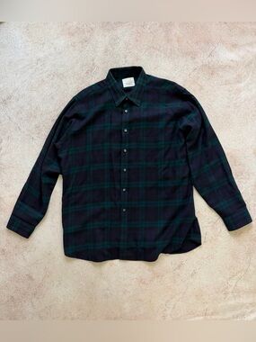 Viyella Blue and Green Plaid Wool Blend Button-Down Shirt